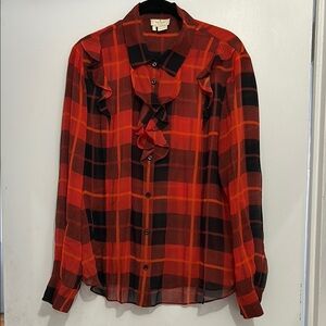 Red and Black Plaid Ruffle Blouse